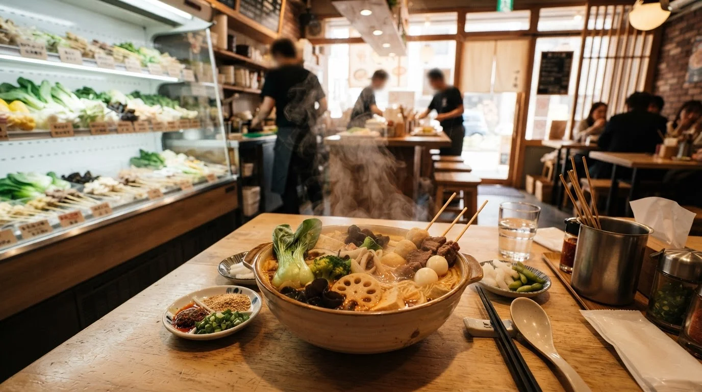 木のテーブルに並んだ麻辣湯と串料理を囲む食事の席