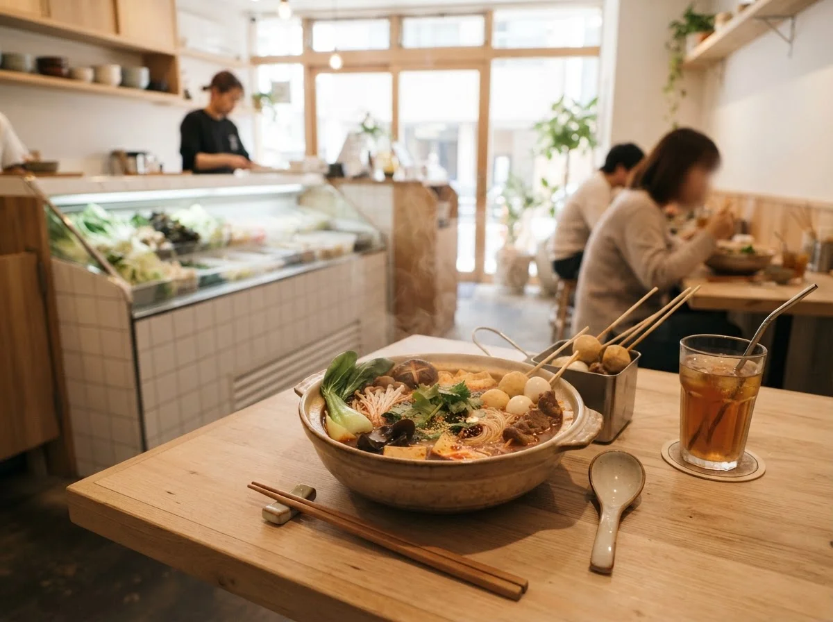 テーブルに麻辣湯、串料理、飲み物が並ぶ食事中のテーブル