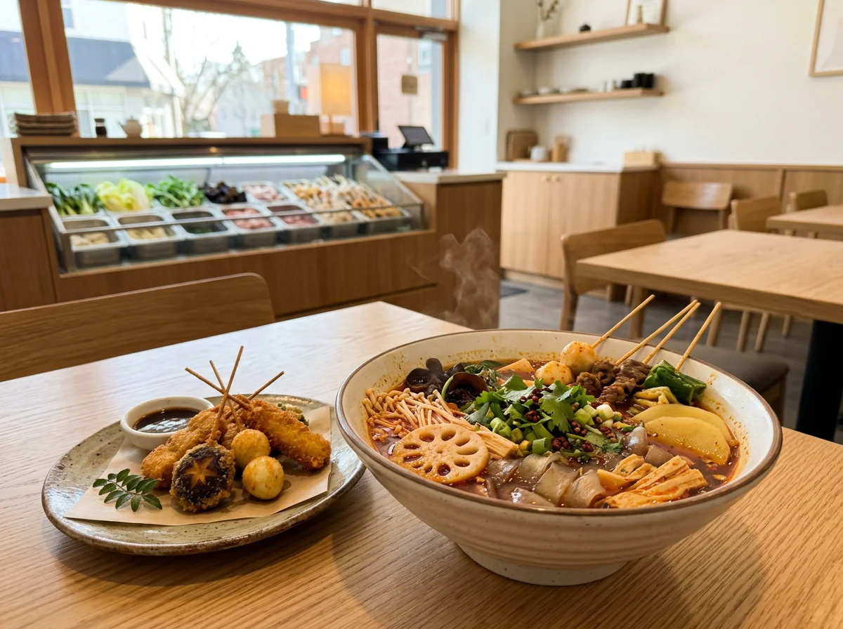 衣をまとった串揚げを数本並べた皿の料理写真